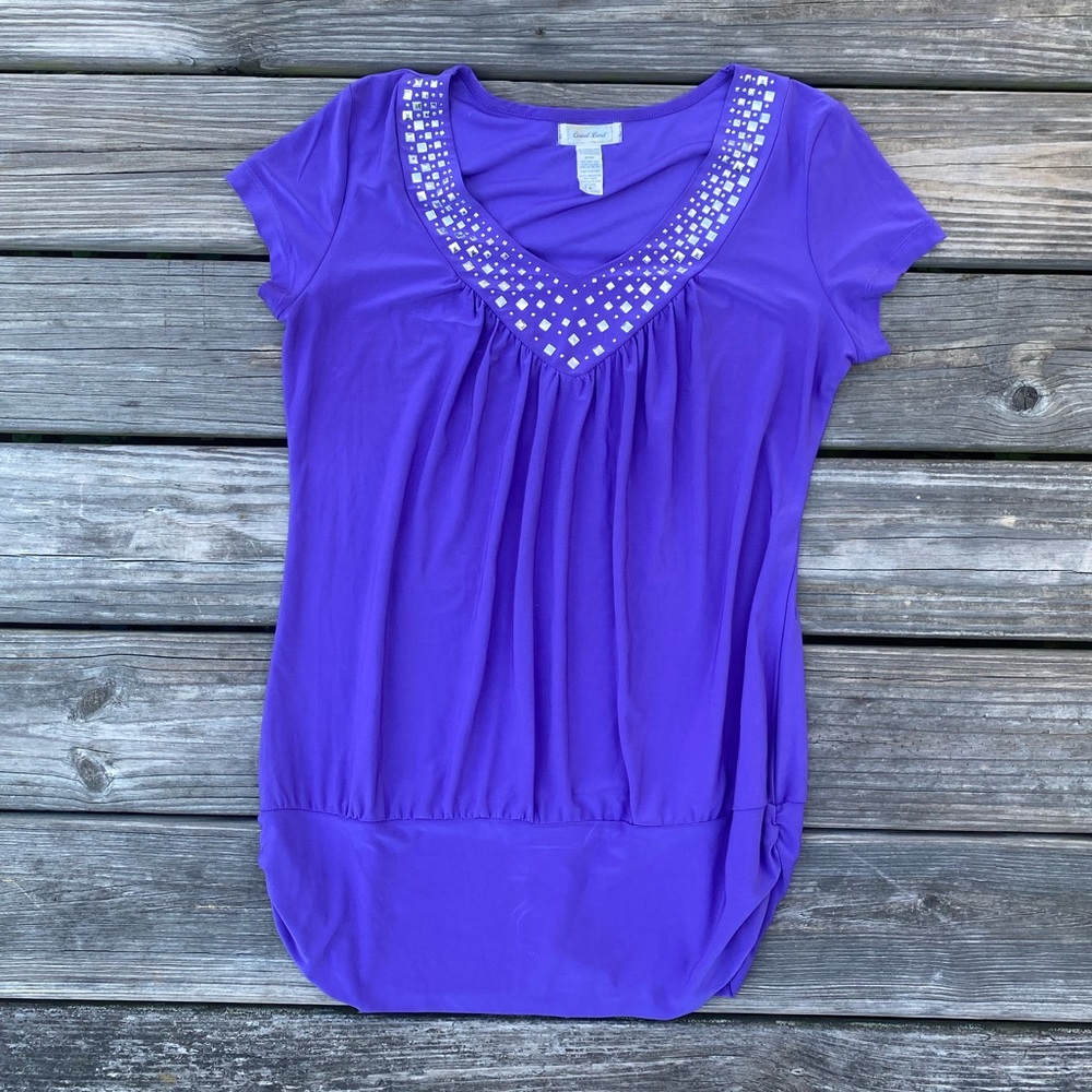 Casual Land Purple blouse silver tone accents around v neck - Picture 3 of 6